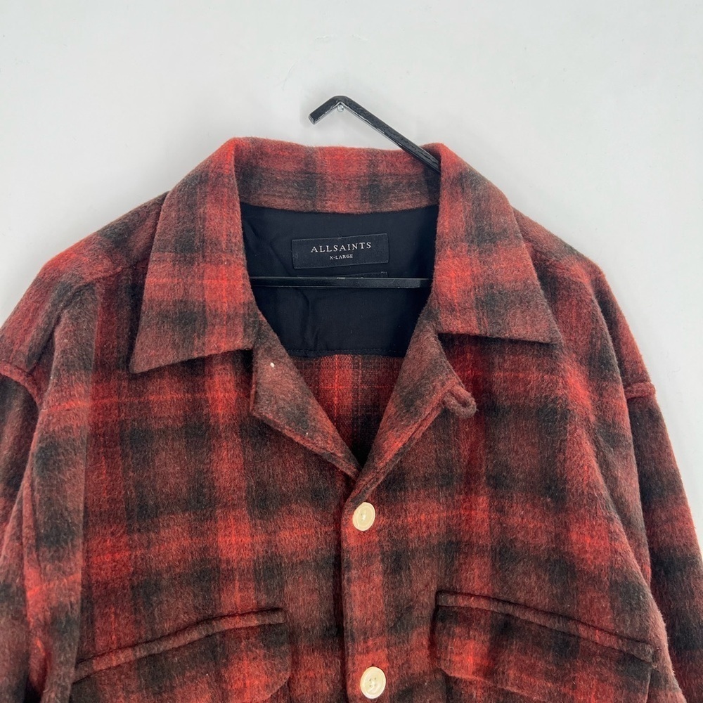 Allsaints Bernstadt Long Sleeve Button Up Check Plaid Camp Collar Shirt Jacket